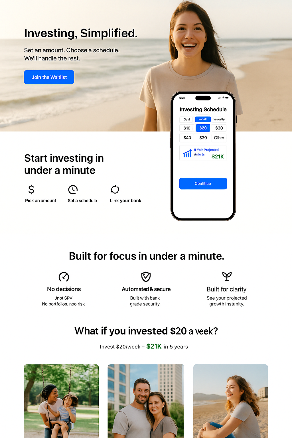 Woman relaxing on beach with automated investing app